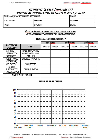Hoja de Condición Física del alumno (Physical Condition Register)